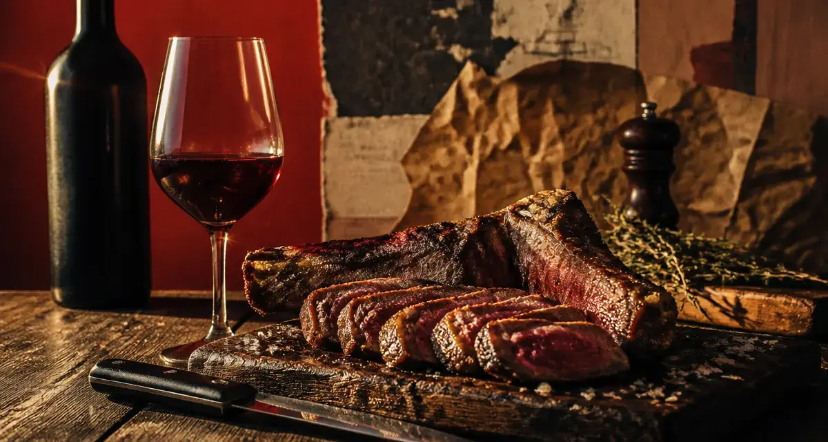 Vin rouge cote de boeuf : verre et côte de bœuf grillée
