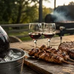 Vin rouge pour barbecue avec entrecôte grillée et brochettes