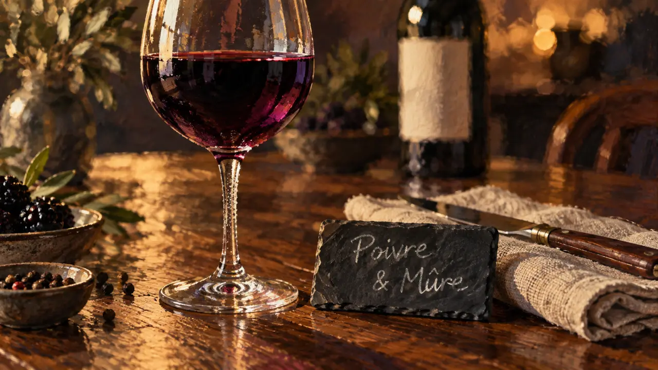 Vin syrah rouge, poivre et mûre sur table en bois