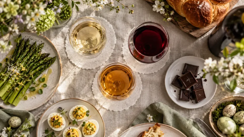 accord mets et vins pâques : verres vin, asperges et chocolat