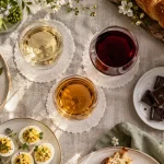 accord mets et vins pâques : verres vin, asperges et chocolat