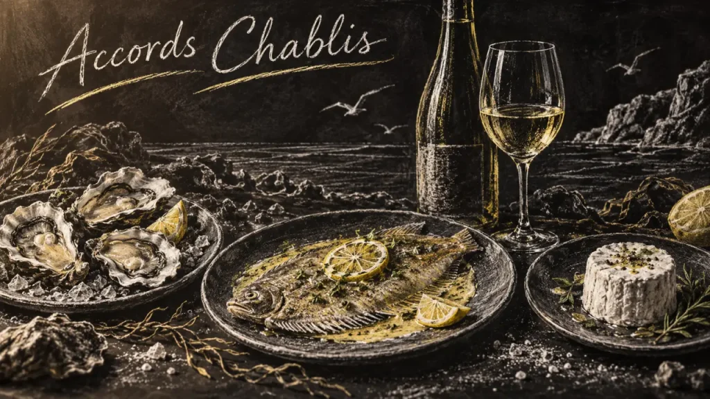 Accord mets vins Chablis : huîtres, volailles, fromages, image à la craie