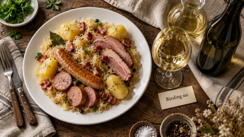 Accord mets vins choucroute garnie avec riesling sec, vin blanc