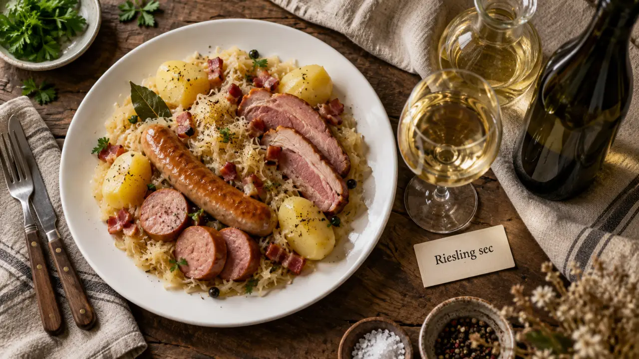 Accord mets vins choucroute garnie avec riesling sec, vin blanc