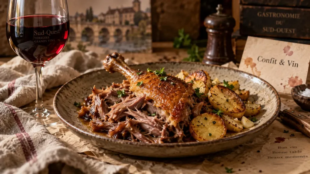 Accord mets vins confit de canard avec vin rouge du Sud-Ouest ou blanc tendu