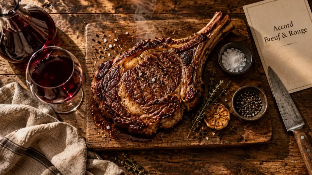 Accord mets vins cote de boeuf avec vin rouge