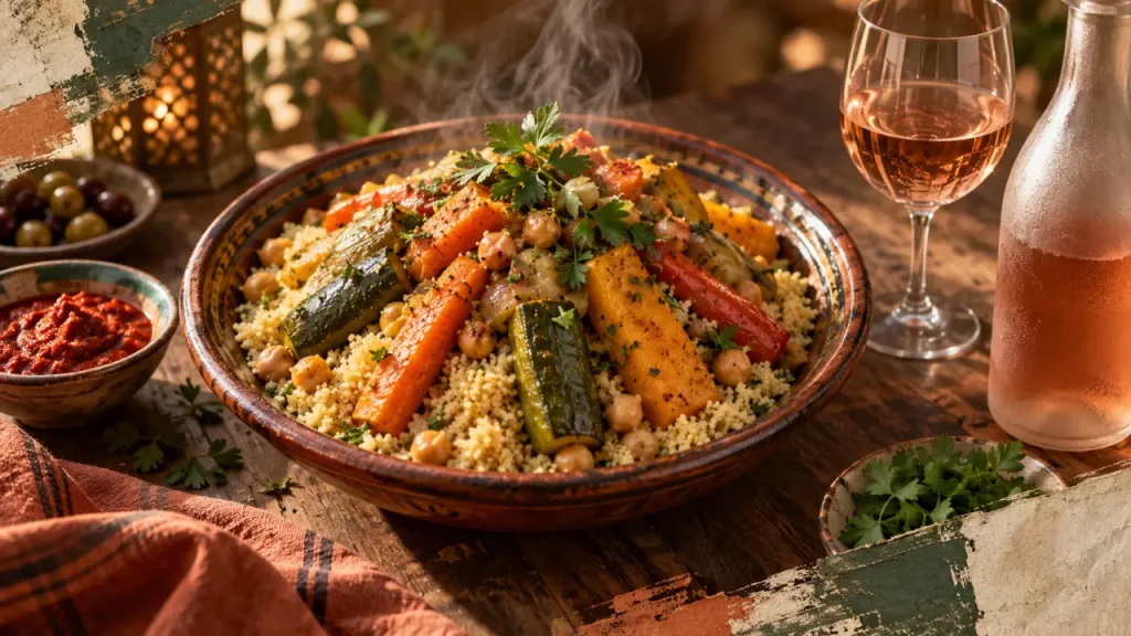 Accord mets vins couscous : rosé méditerranéen, rouge souple, blanc vif, couscous aux légumes