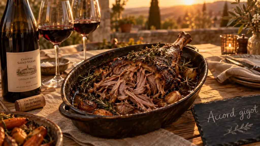 Accord mets vins gigot de 7 heures : vin rouge, gigot d’agneau confit