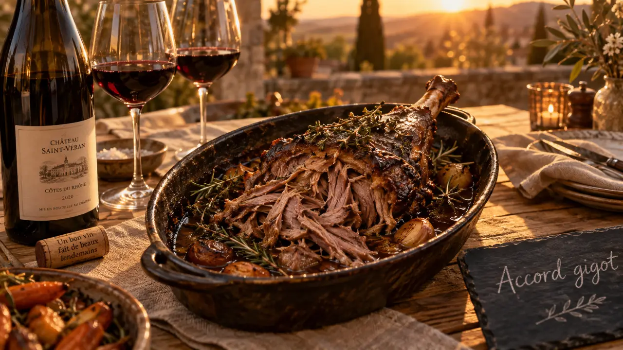 Accord mets vins gigot de 7 heures : vin rouge, gigot d’agneau confit