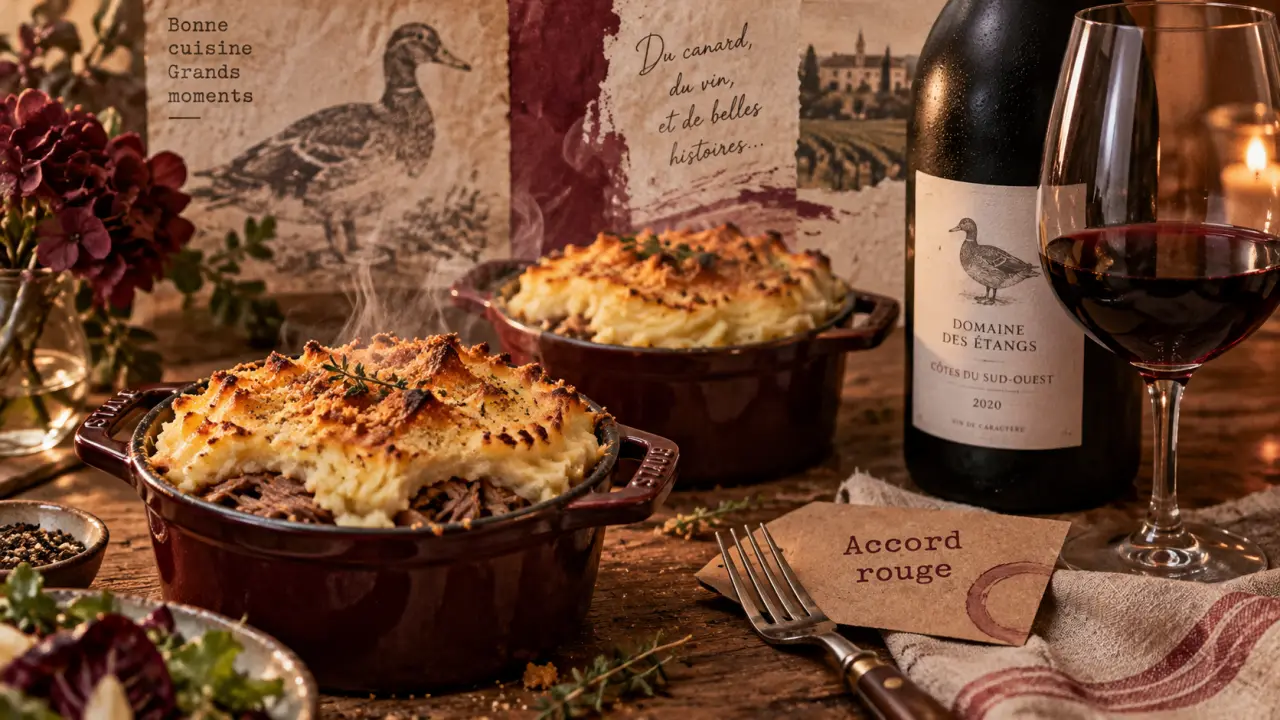 Accord mets-vins parmentier de canard au rouge souple, photo du plat et du vin