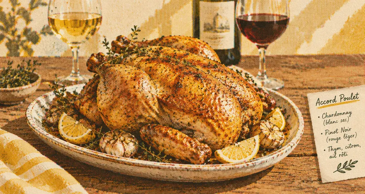 accord mets vins poulet roti, poulet rôti doré, vin blanc et rouge