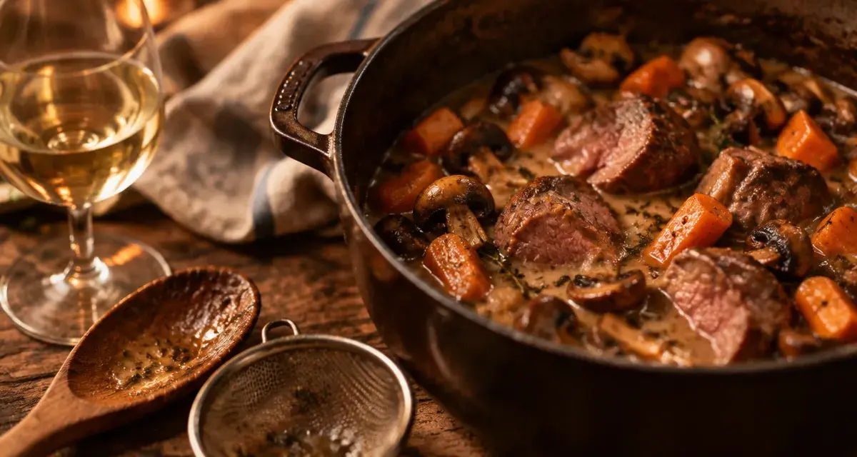 Chevreuil au vin blanc en cocotte, sauce mijotée