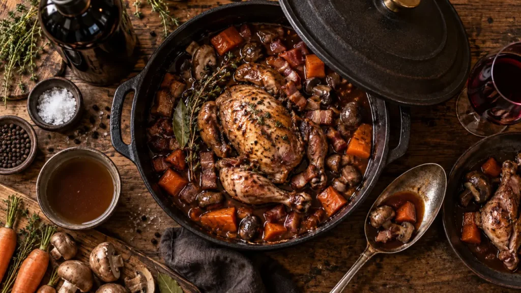 Coquelet au vin rouge en cocotte, sauce nappante