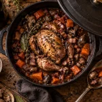 Coquelet au vin rouge en cocotte, sauce nappante