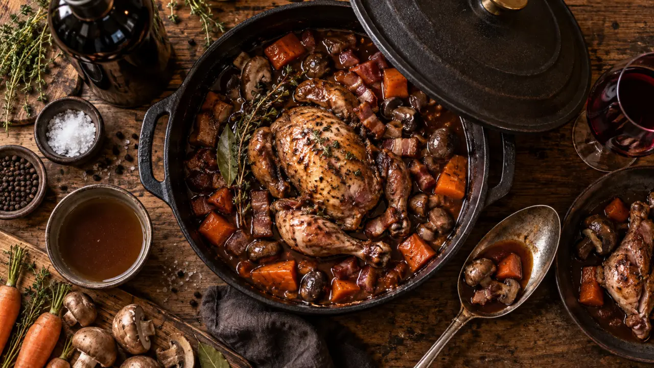 Coquelet au vin rouge en cocotte, sauce nappante