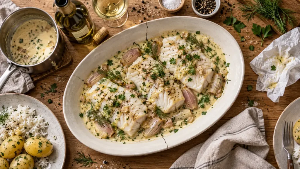 Dos de cabillaud au four vin blanc et crème fraîche, chair nacrée