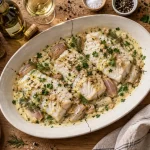 Dos de cabillaud au four vin blanc et crème fraîche, chair nacrée