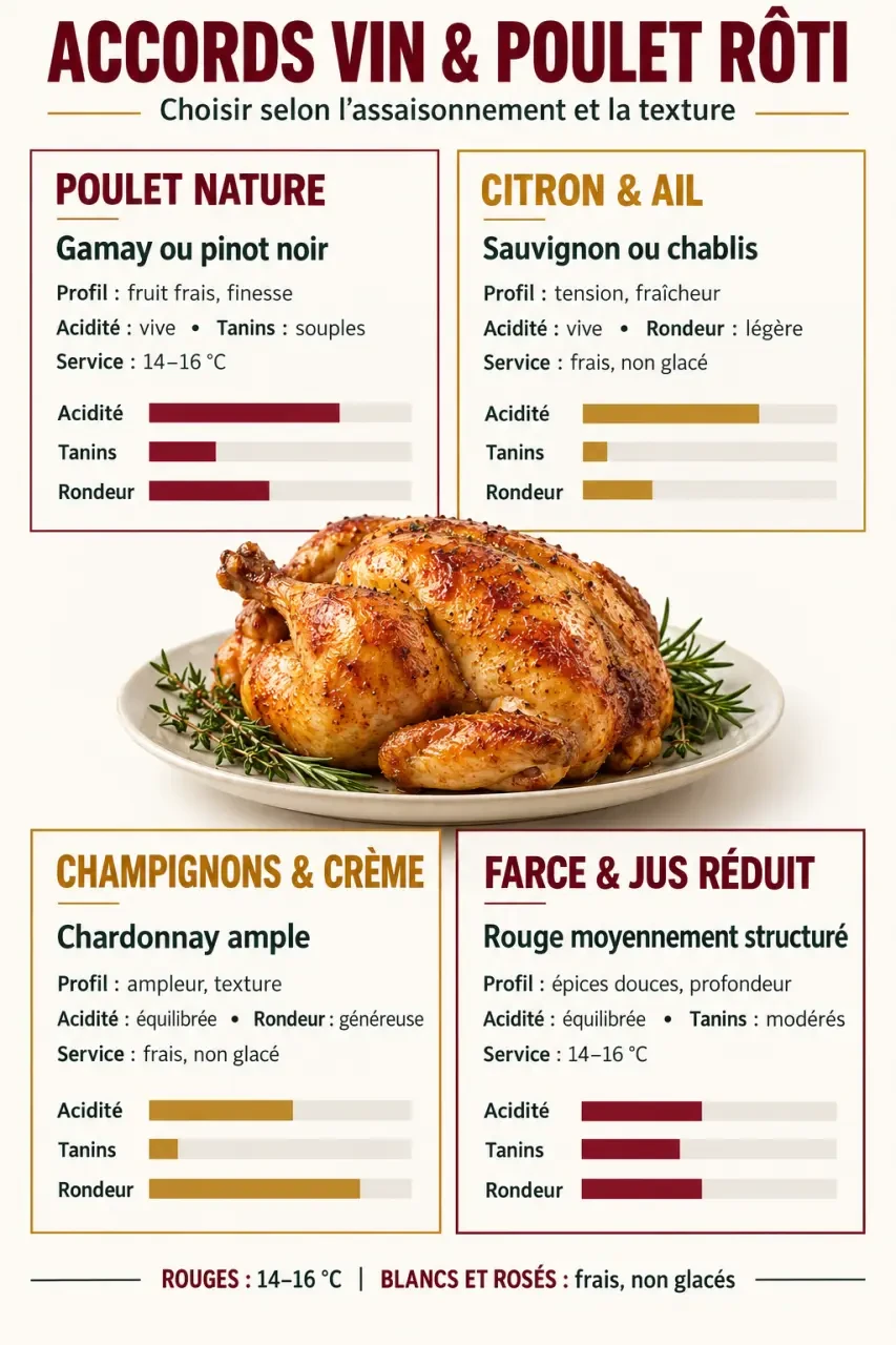 Infographie des accords vin poulet rôti selon la recette, les cépages et la température de service