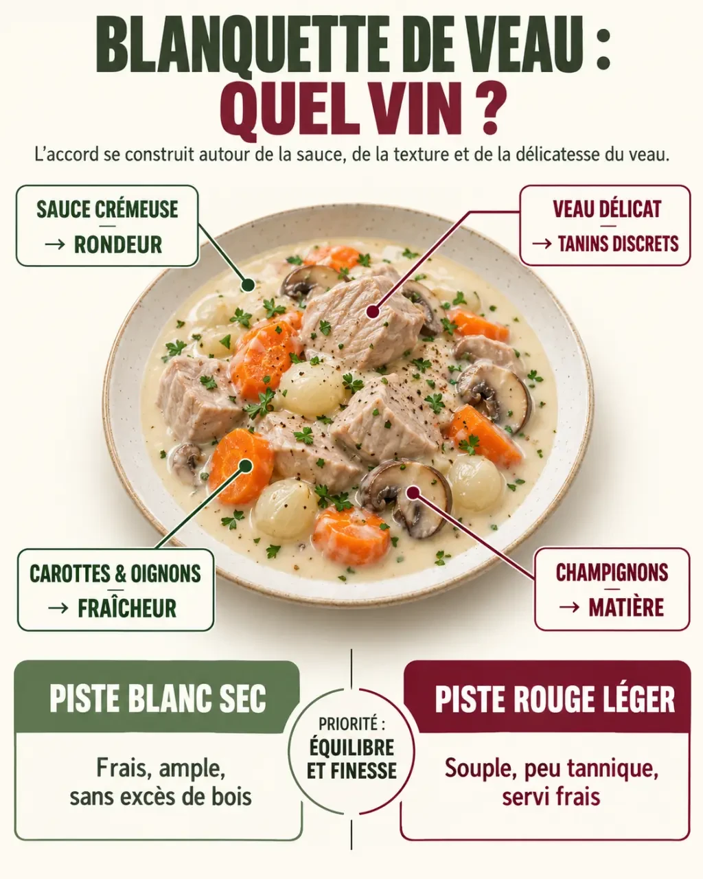 Vin et blanquette : schéma des accords entre sauce crémeuse, veau, champignons et profils de vin