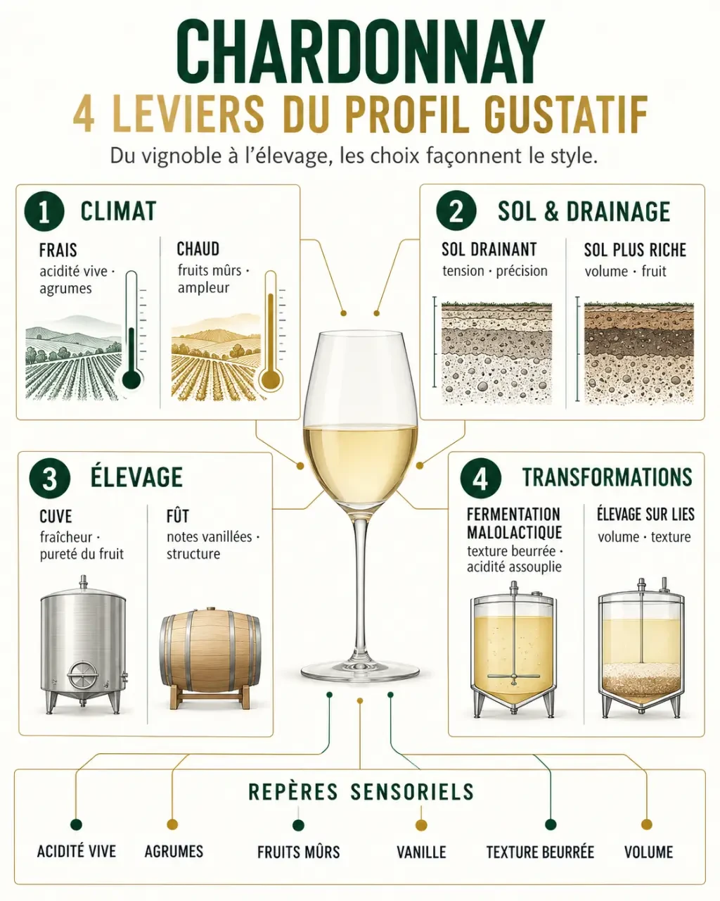 Infographie sur le vin blanc Chardonnay et l’influence du climat, du terroir et de l’élevage