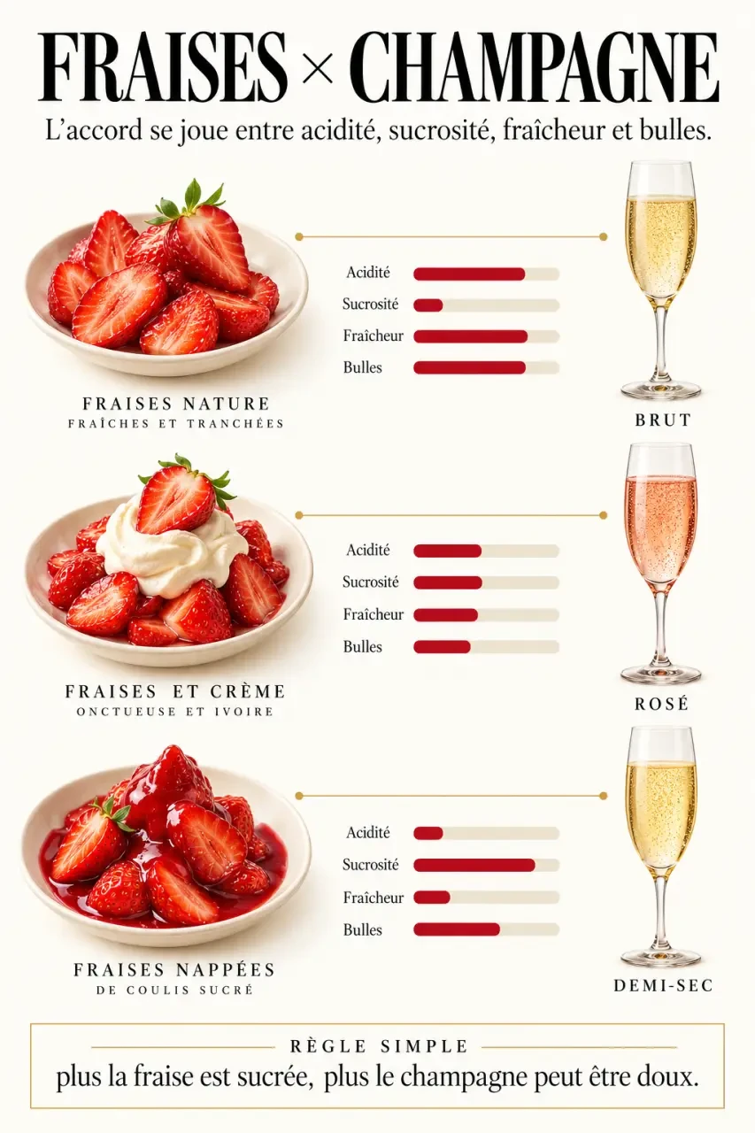 Infographie sur l’accord entre fraises et champagne selon la préparation et la sucrosité