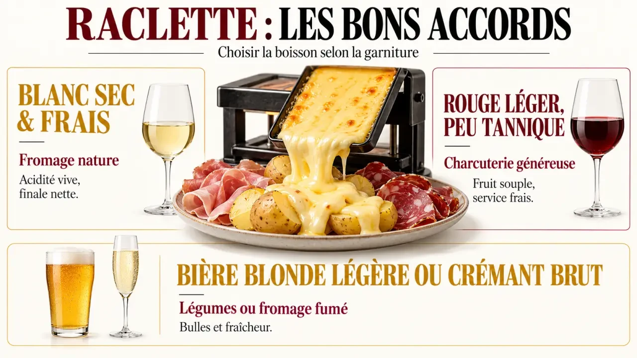 Que boire avec une raclette : infographie des accords entre fromage, charcuterie, vin blanc, vin rouge et bière