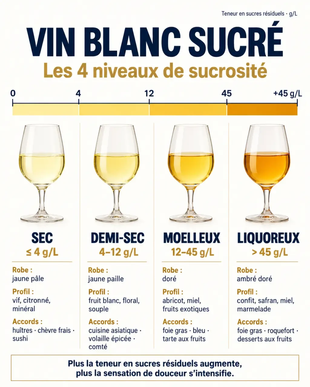 Infographie des niveaux de sucrosité du vin blanc sucré, du sec au liquoreux