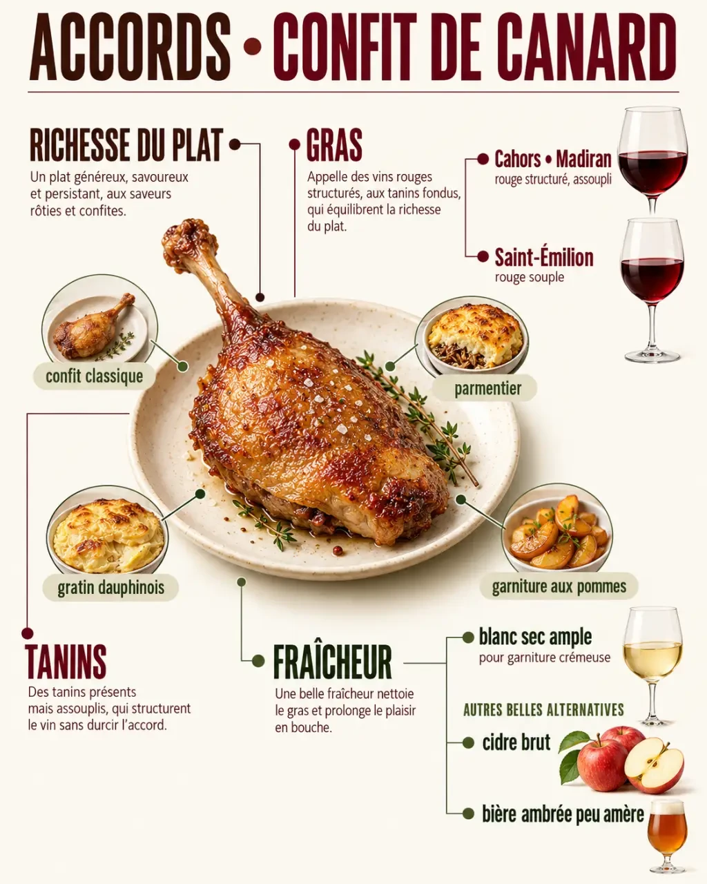 Que boire avec du confit de canard : infographie des accords entre richesse, tanins, fraîcheur et boissons