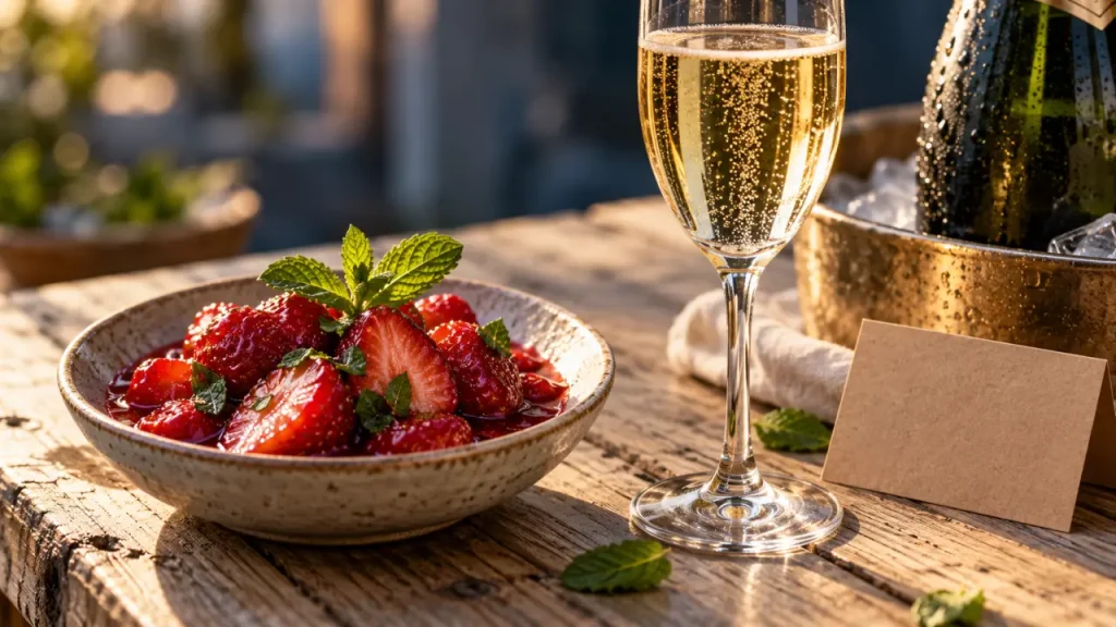 Fraises et champagne brut : dessert aux fraises et flûte de champagne