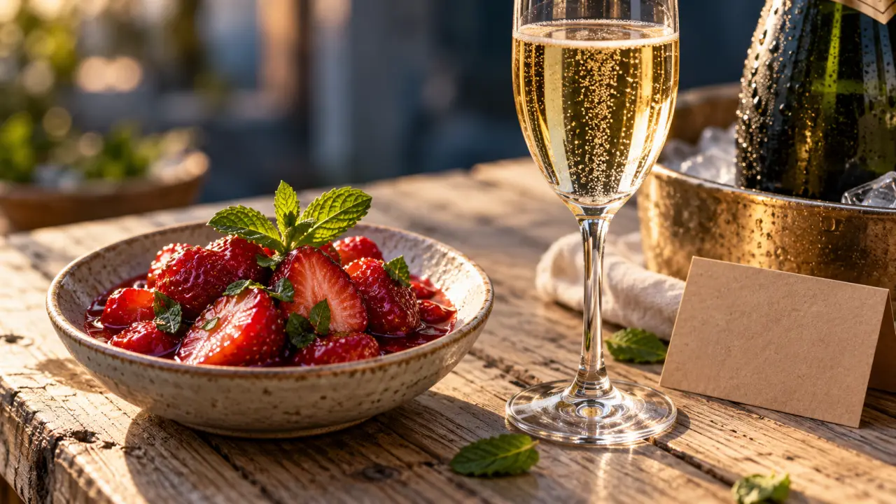 Fraises et champagne brut : dessert aux fraises et flûte de champagne