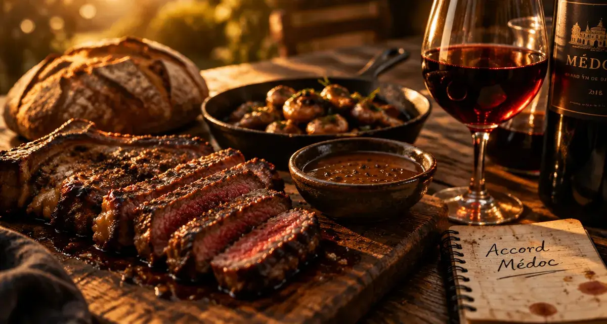 medoc accord mets vins : bœuf grillé, sauce poivre, pain et Médoc