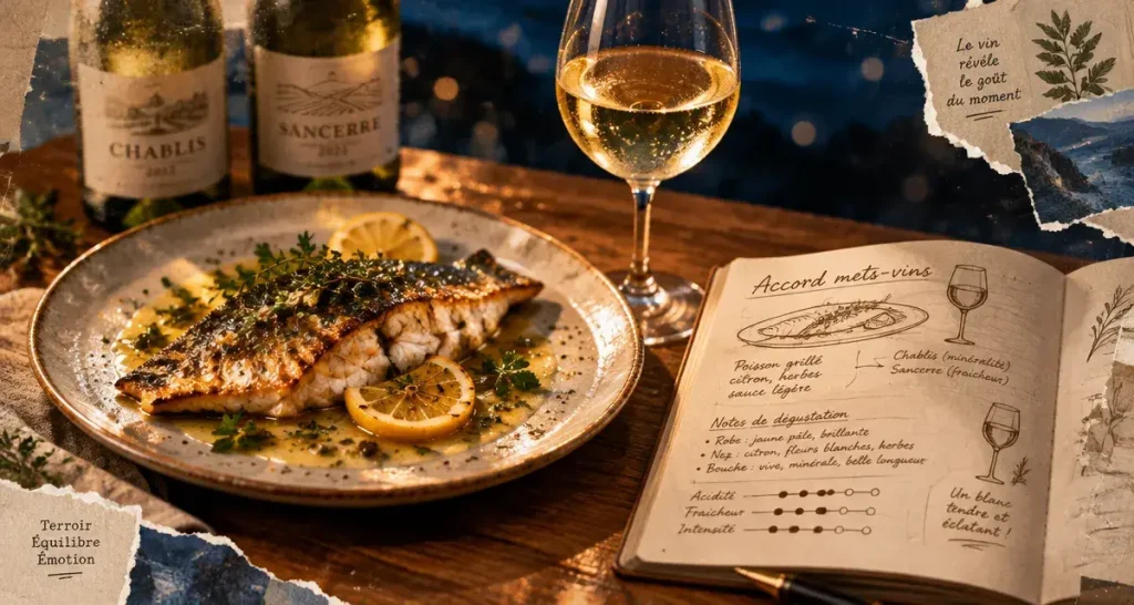Meilleur accord mets vins : poisson grillé, citron, herbes, verre de blanc vif