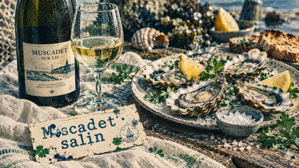 Muscadet accord mets vins : huîtres nature et verre de muscadet sur table