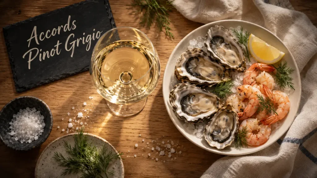 Pinot grigio accord mets vins : fruits de mer, huîtres et crevettes