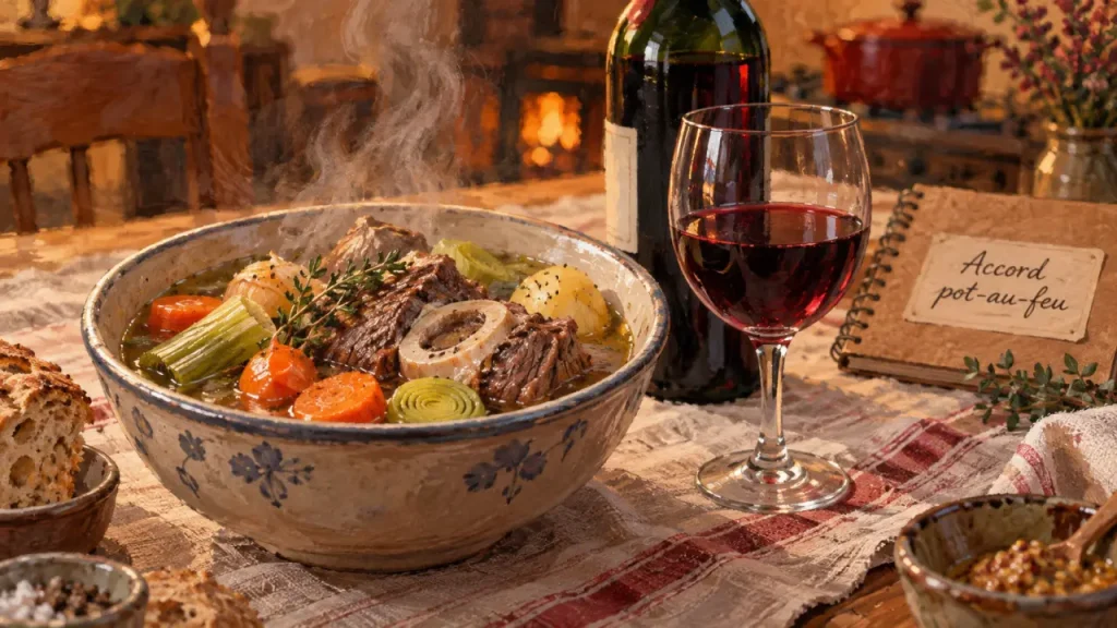 Pot au feu vin rouge fruité avec jarret et légumes fumants