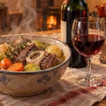 Pot au feu vin rouge fruité avec jarret et légumes fumants
