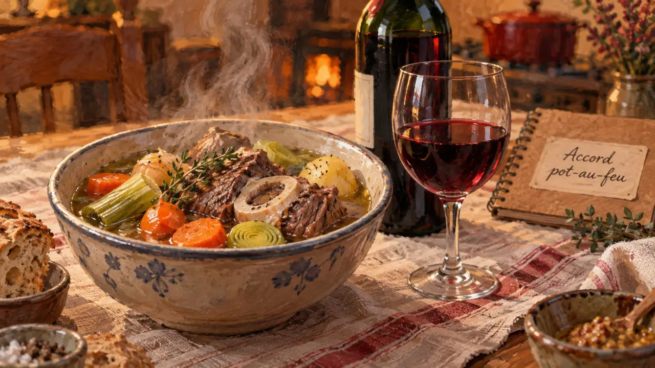 Pot au feu vin rouge fruité avec jarret et légumes fumants