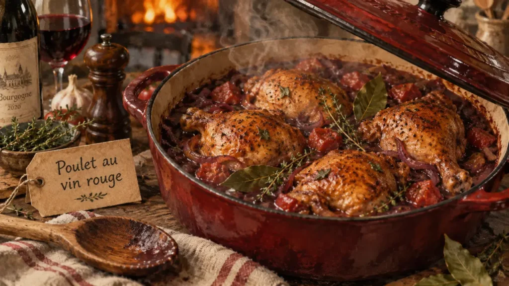 Poulet vin rouge : cuisses nappées de sauce en cocotte