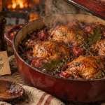 Poulet vin rouge : cuisses nappées de sauce en cocotte