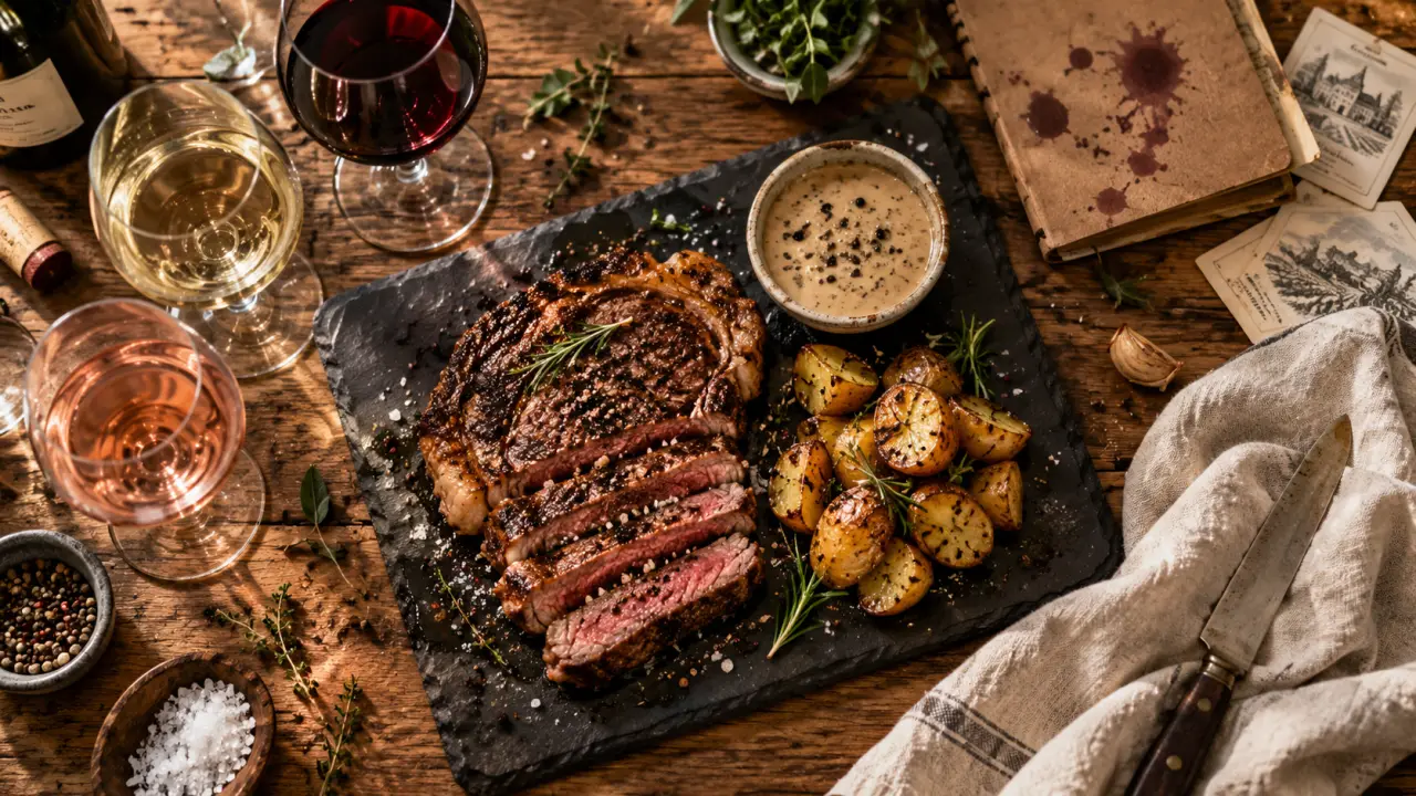 Que veut dire accord mets et vins ? Entrecôte et verres de vin blanc, rosé et rouge