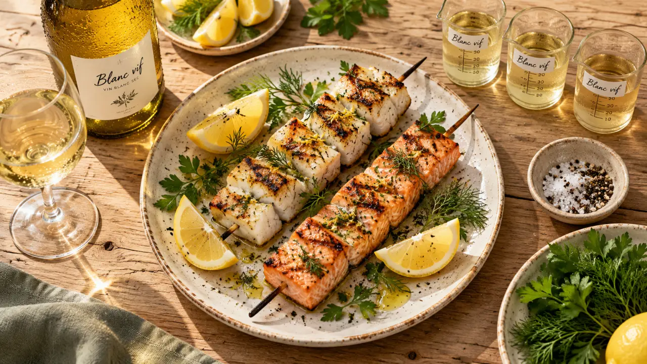 Quel vin avec brochette de poisson : brochettes de poisson et vin blanc sec au citron.