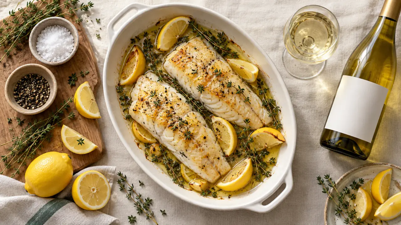 Quel vin avec poisson au four : vin blanc sec, poisson rôti au four, citron et thym