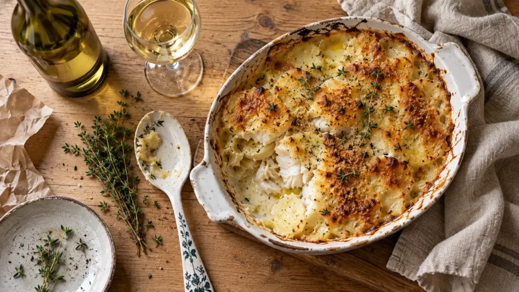 Quel vin avec gratin de poisson blanc crémeux : gratin doré et bouteille de vin blanc
