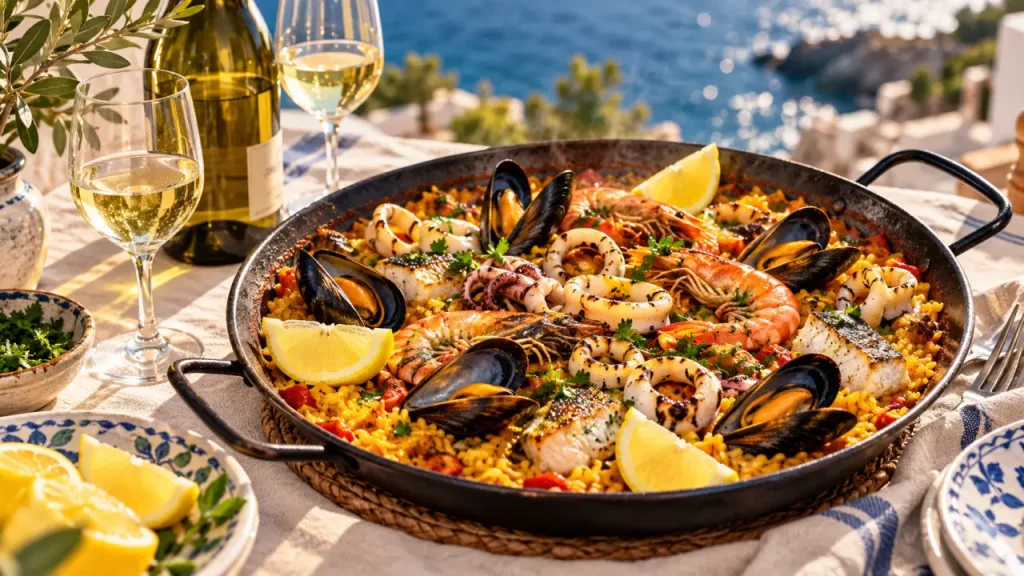 Quel vin avec paella poisson : bouteille de blanc sec et paella aux fruits de mer
