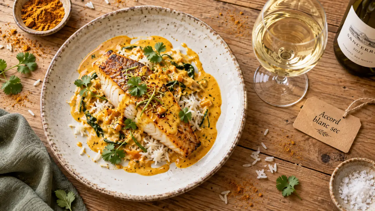 Quel vin avec poisson curry coco : photo poisson au curry coco, blanc sec à l’accord