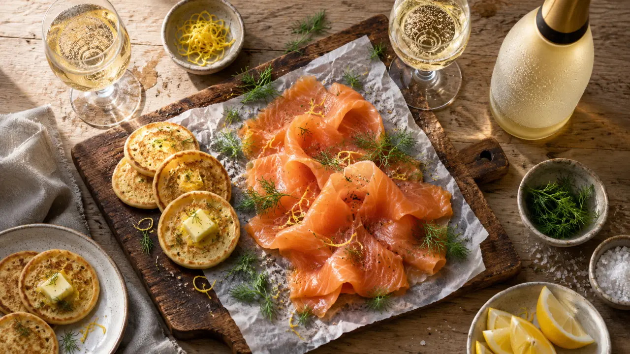 Quel vin avec poisson fumé : Champagne brut avec saumon fumé, blinis et citron