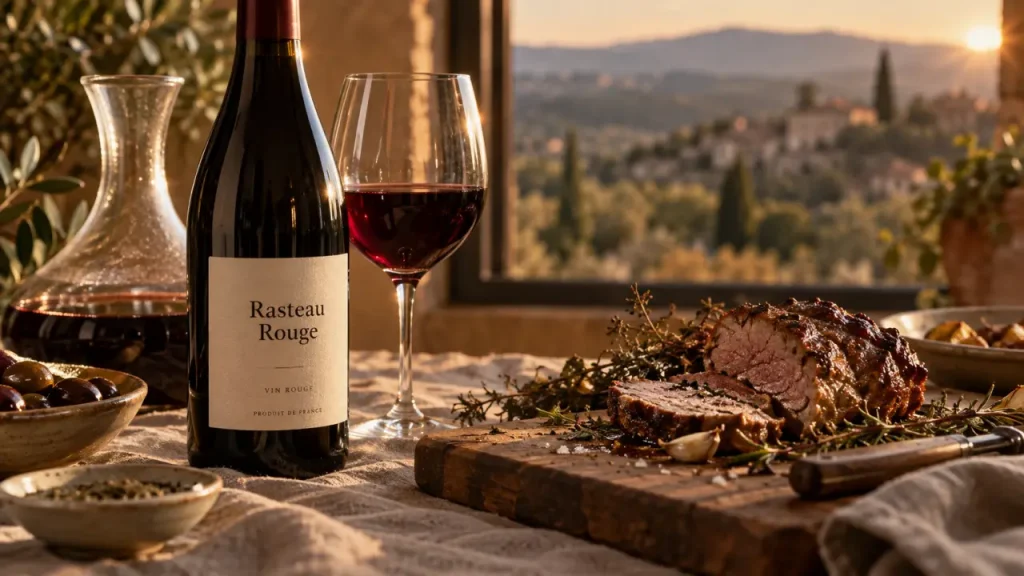 Rasteau vin rouge : bouteille et verre, service 16-18°C