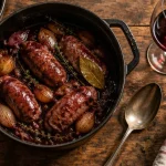 Recette des diots au vin rouge : diots mijotés en cocotte, sauce nappante