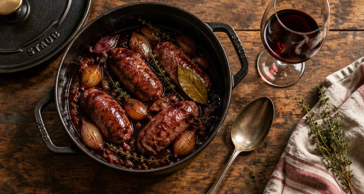 Recette des diots au vin rouge : diots mijotés en cocotte, sauce nappante