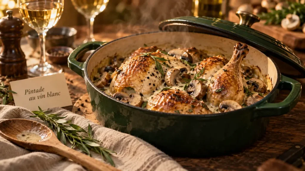 Pintade en sauce au vin blanc : la cuisson en cocotte pour une chair moelleuse